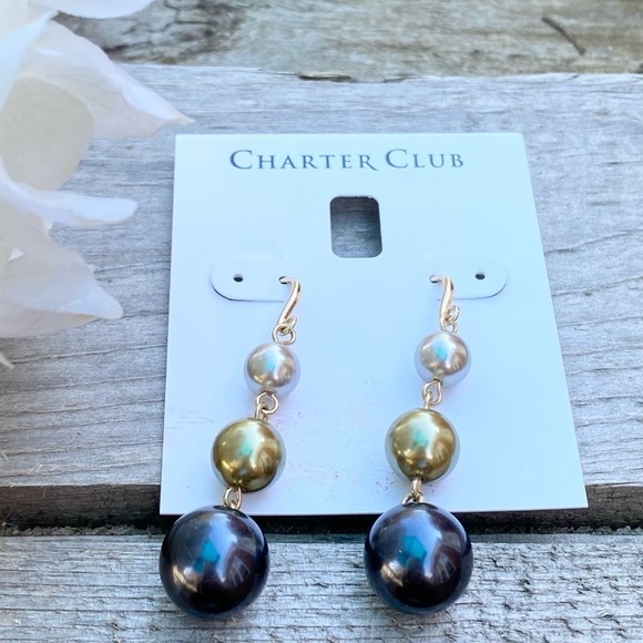 NWT CHARTER CLUB GOLD TONE NAVY, SAGE & GRAY BEAD POST DROP EARRINGS - Picture 4 of 5